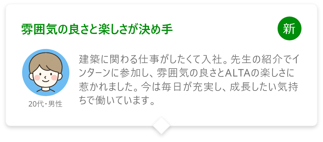 雰囲気の良さと楽しさが決め手
建築に関わる仕事がしたくて入社。先生の紹介でインターンに参加し、雰囲気の良さとALTAの楽しさに惹かれました。今は毎日が充実し、成長したい気持ちで働いています。
20代・男性